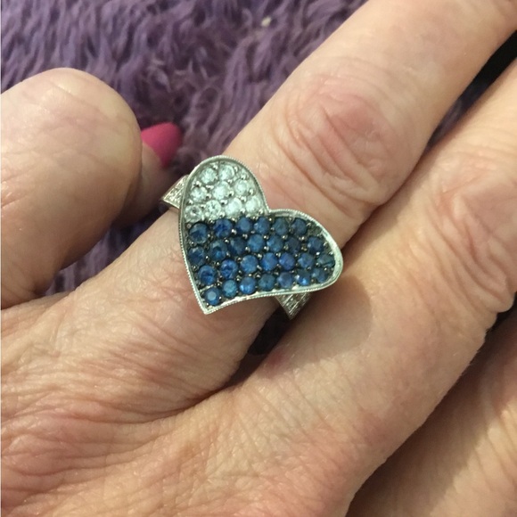 14k 585 White Gold Heart Diamond /Sapphire Ring - Picture 8 of 16